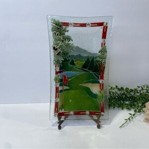 Vintage Peggy Karr Fused Glass 10" Golf Course Rectangular Tray Plate In Box